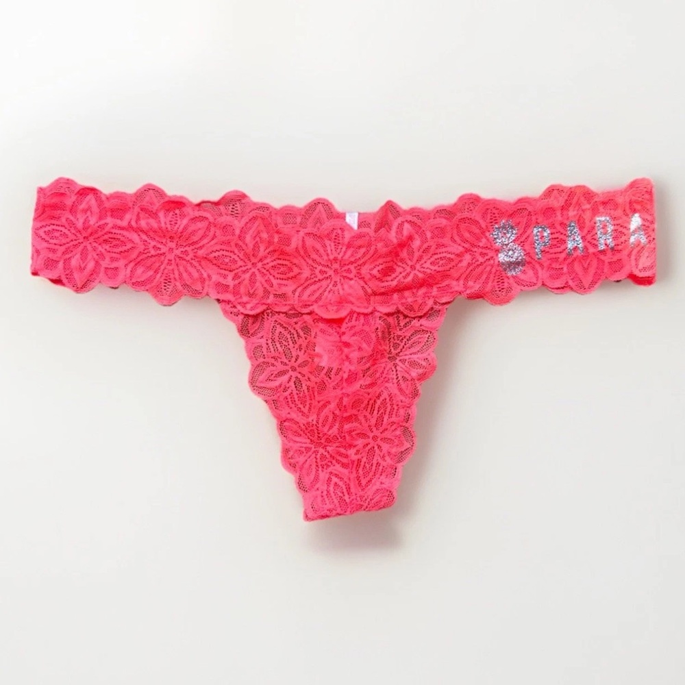 NWT Victorias Secret PINK Sz L Neon Coral Lace Thong Glitter Pineapple Paradise